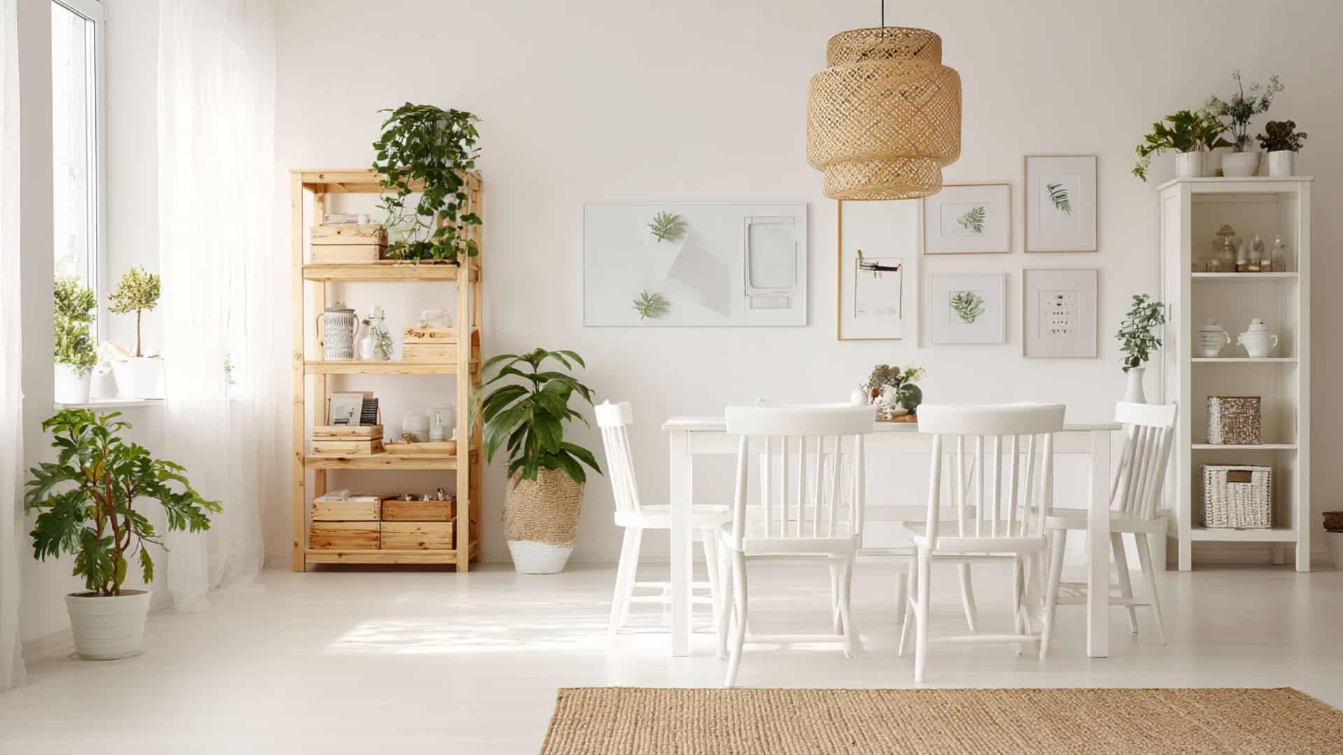 Scandinavian-inspired dining area with white furniture, woven pendant light, pale wood shelves, and airy minimalist decor.