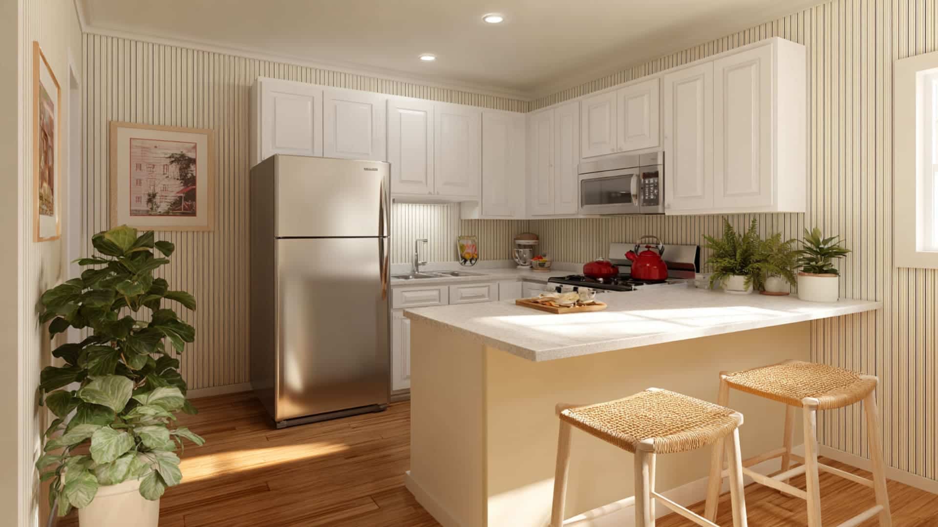Small kitchen with a narrow breakfast bar, two woven stools, white cabinets, striped walls, and warm wood floors.