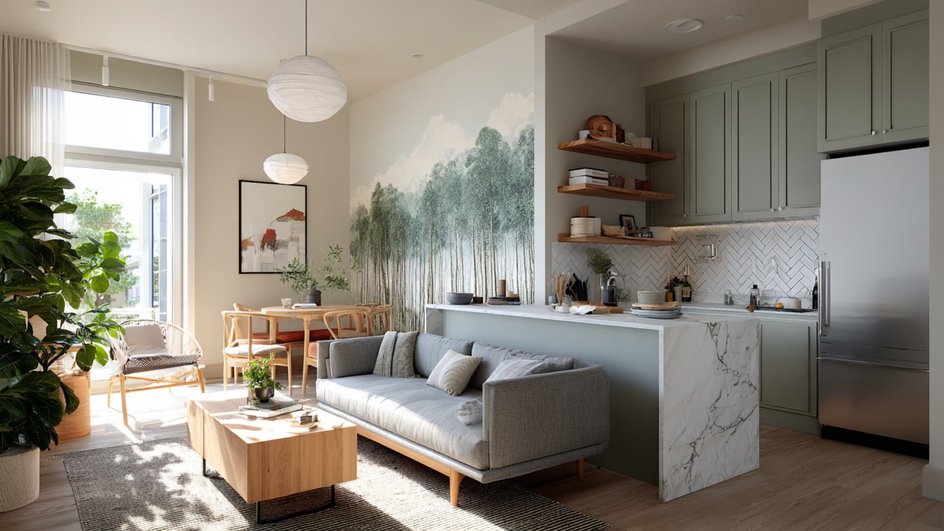 Small open-plan kitchen and living room with built-in appliances, sage cabinets, marble island, mural wall, and sofa.