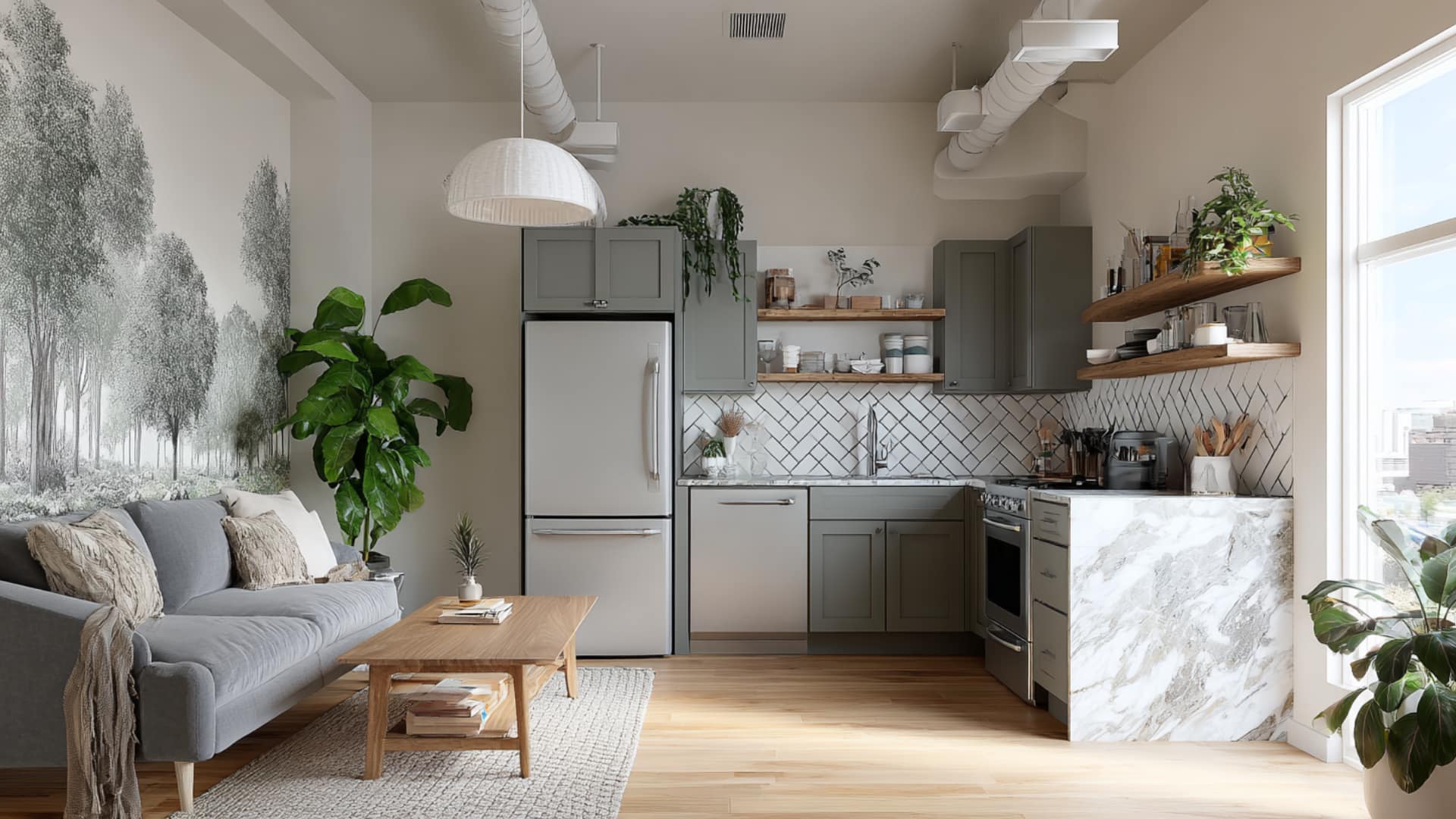 Small open-plan kitchen and living room with integrated appliances, gray cabinets, open shelves, mural wall, and soft sofa.