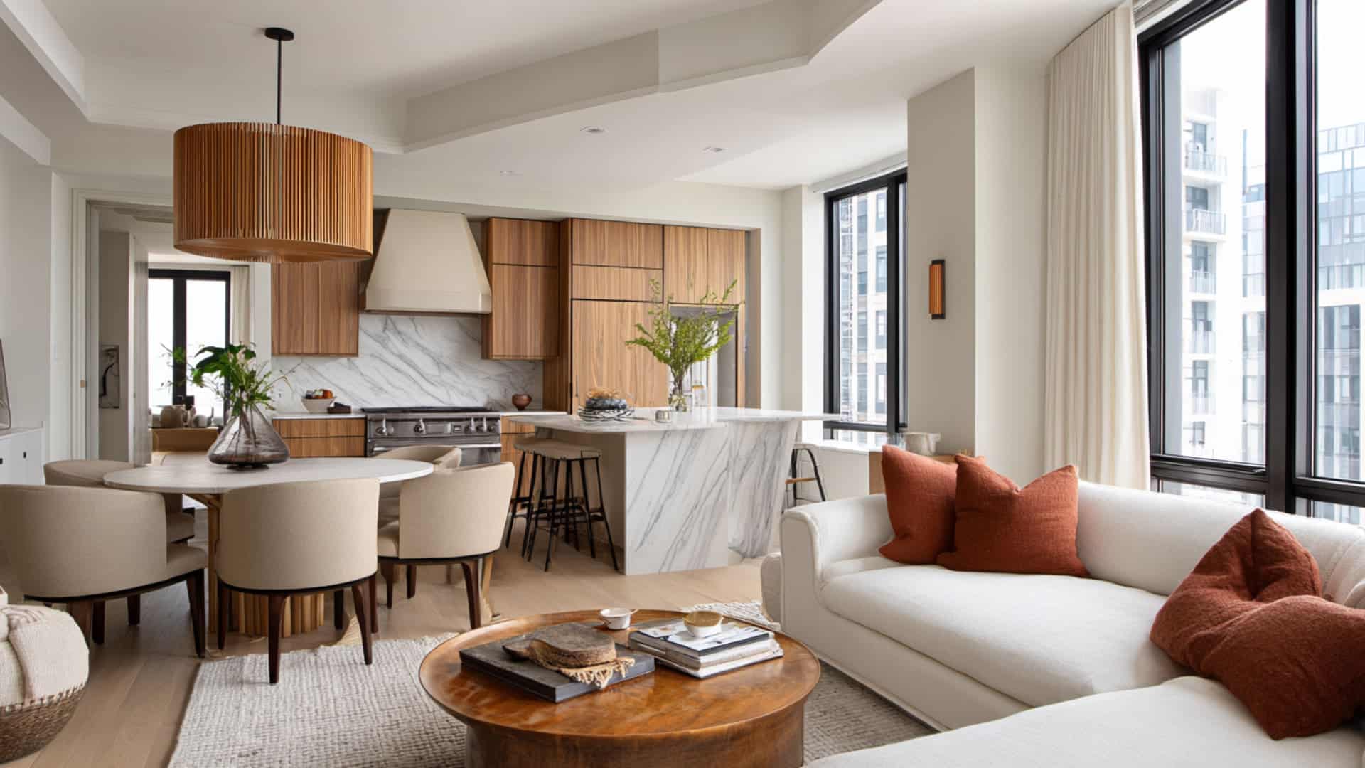 Small open-plan kitchen and living room with warm neutral colors, wood cabinets, marble island, and cream seating.
