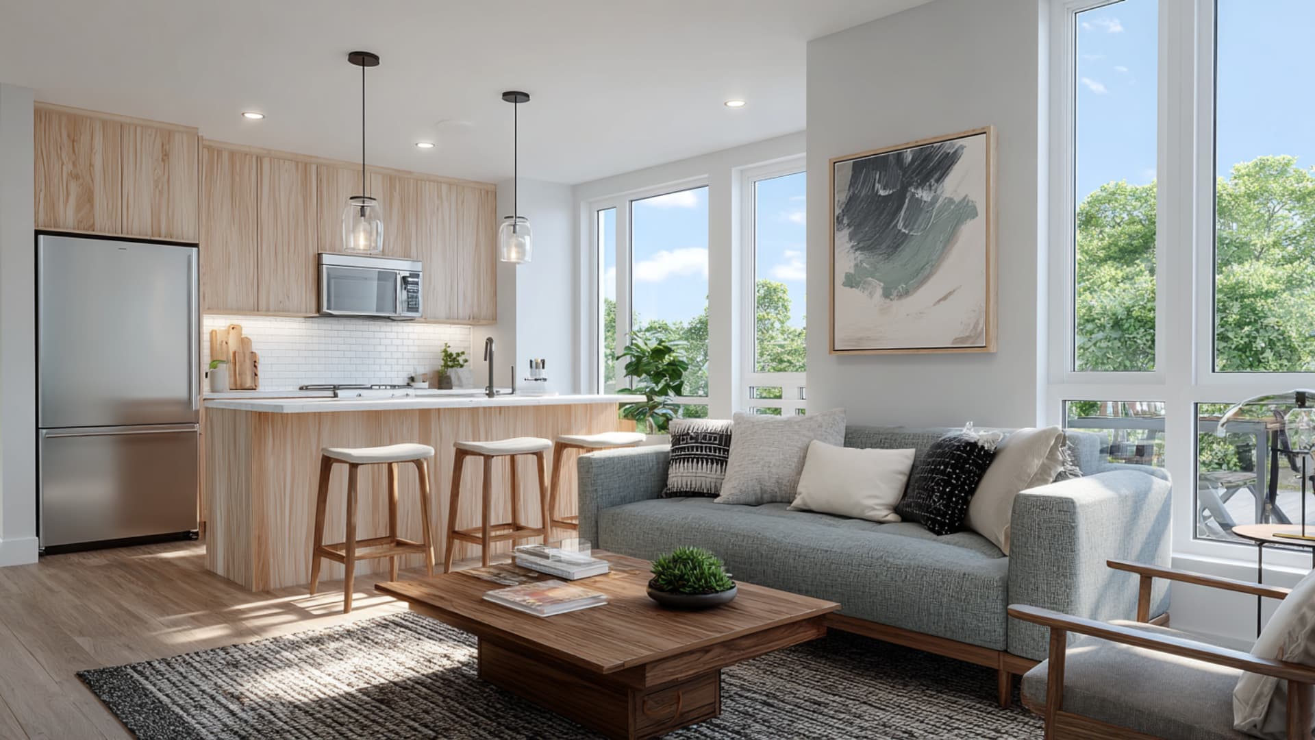 Small open-plan room with clear walkway, pale kitchen, white sofa, round table, and soft neutral finishes.