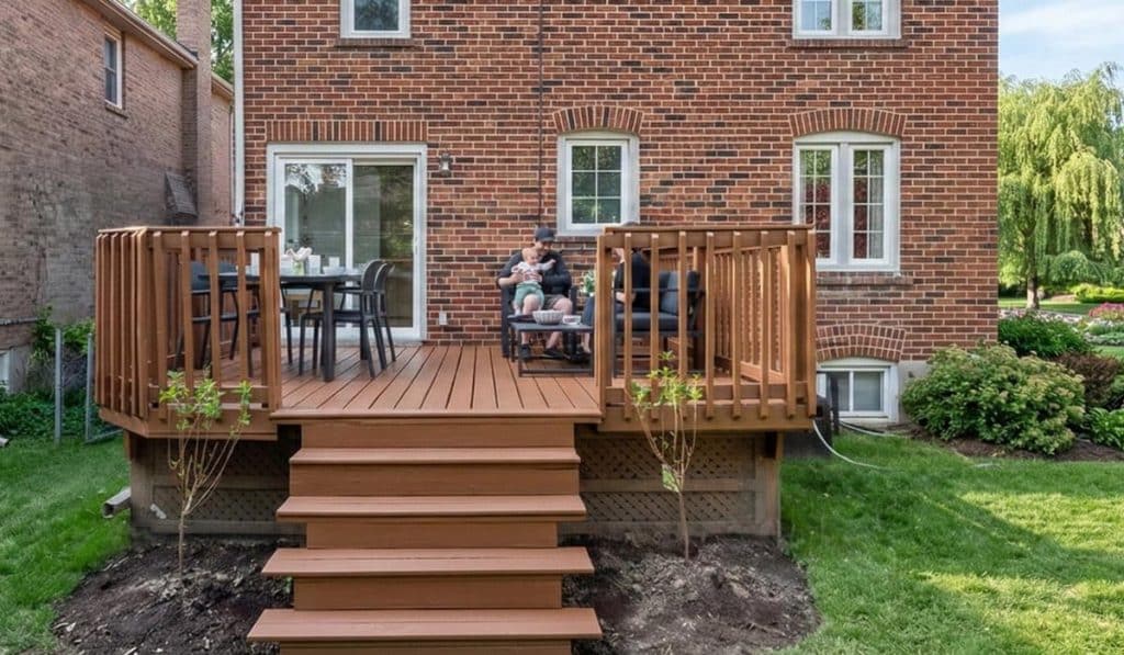 Family sitting on a wooden deck behind a brick house
