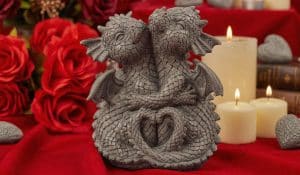 Two dragons hugging with tails forming a heart shape