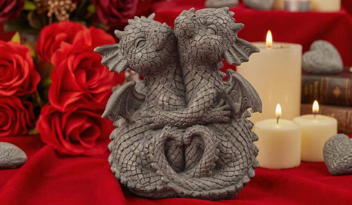 Two dragons hugging with tails forming a heart shape