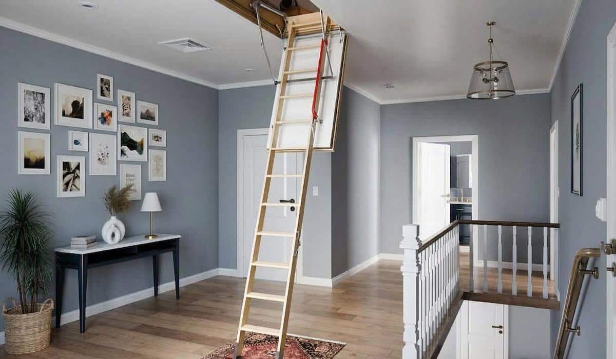 Wooden folding attic ladder extended in a modern hallway
