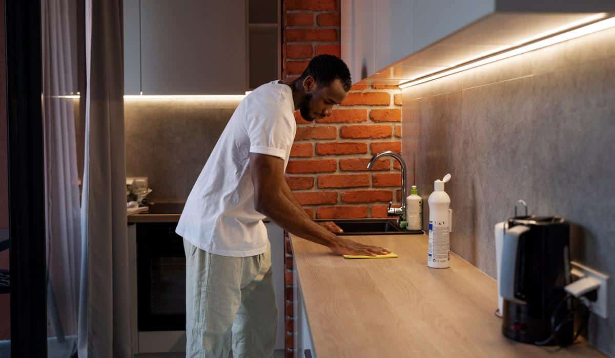Man wiping modern wooden kitchen countertop with yellow cloth