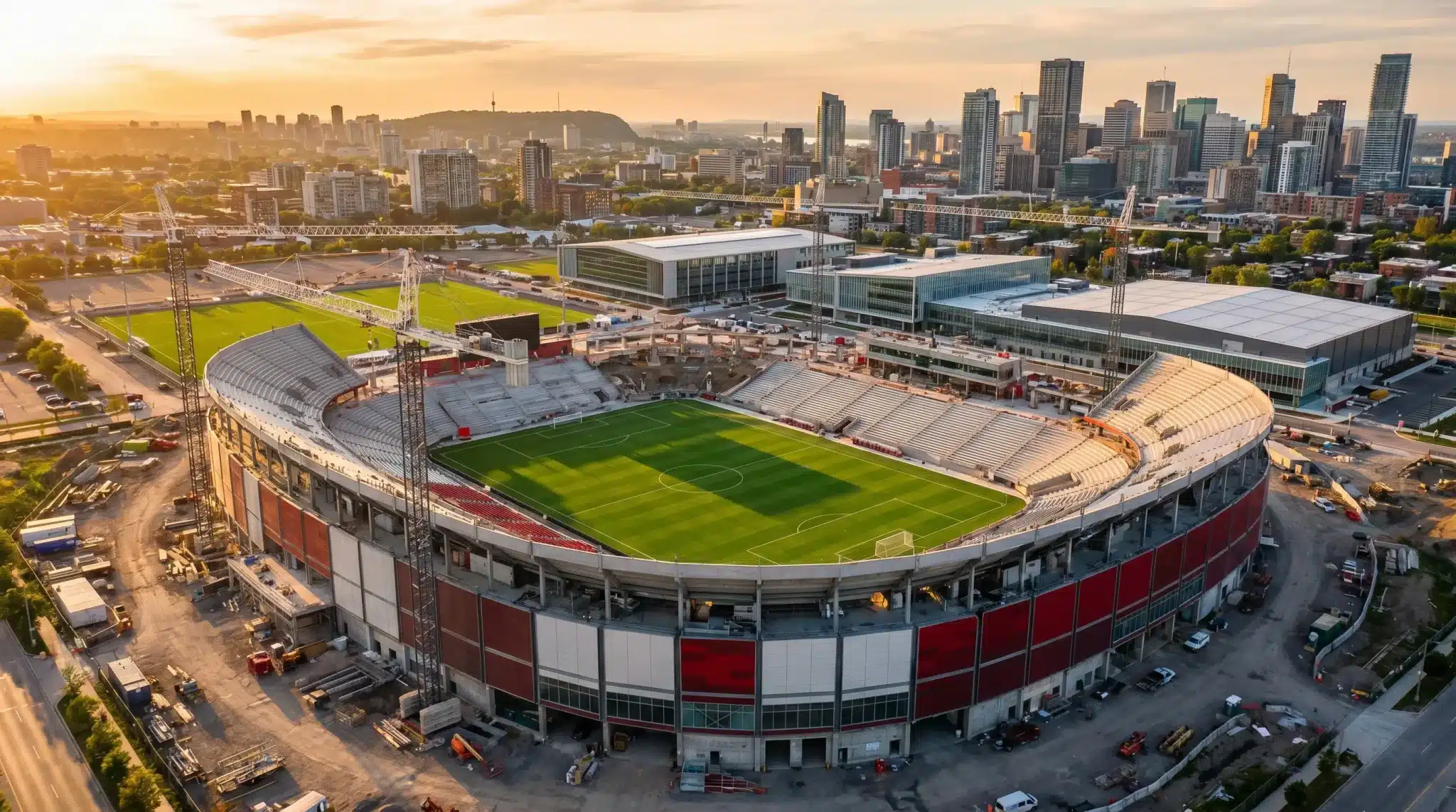 Stadium under construction at sunset with city skyline in the background