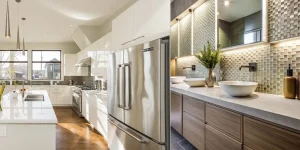 Modern kitchen with stainless steel appliances and bright white cabinetry; stylish bathroom with textured tiles
