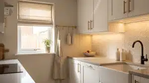 Modern kitchen with white cabinets, potted plant on windowsill, and beige tile backsplash