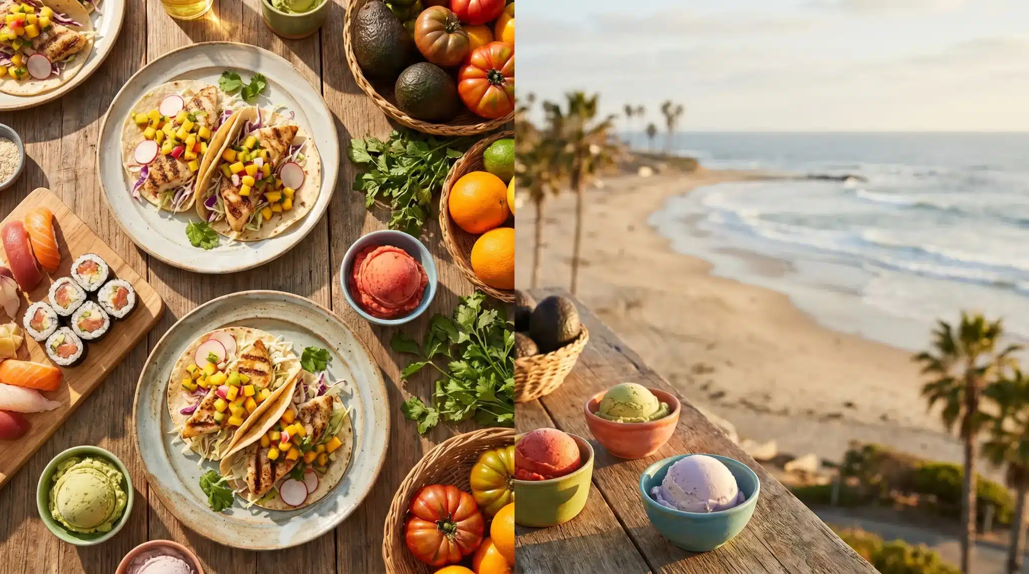 Grilled fish tacos with mango salsa and sushi on wooden table by the beach