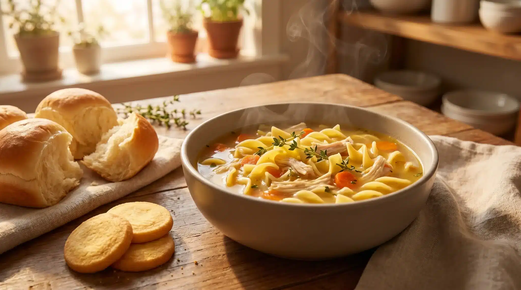 Steaming bowl of chicken noodle soup with bread rolls on rustic wooden table