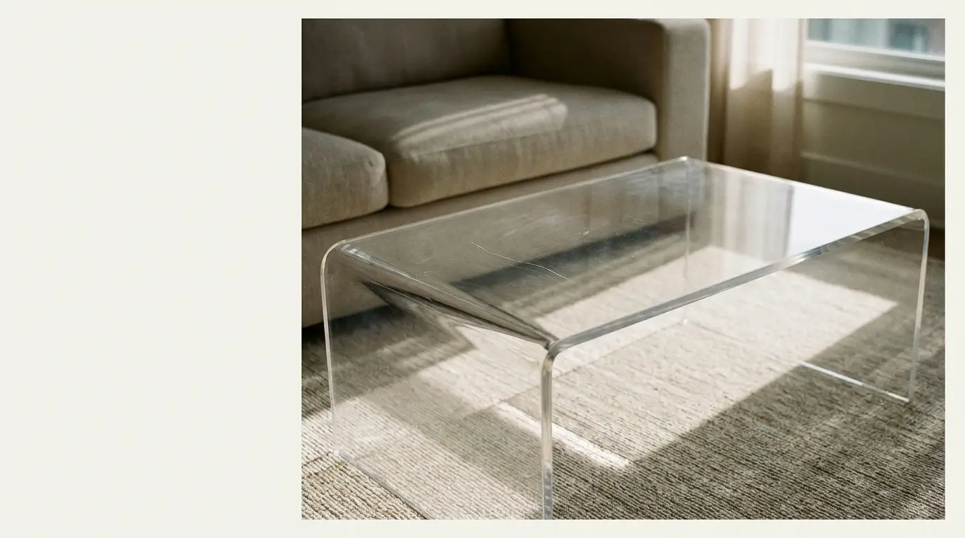 Transparent acrylic coffee table in living room with beige sofa and natural light
