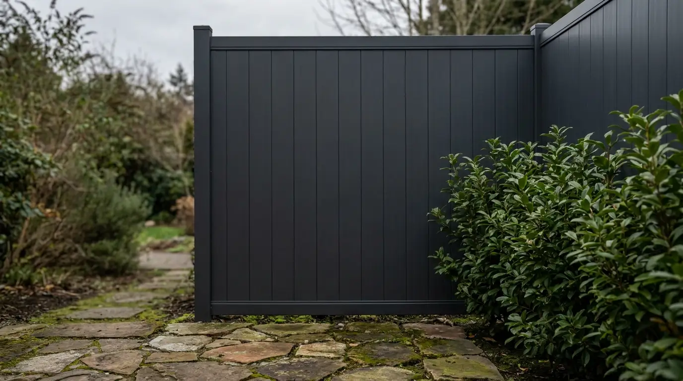 Dark gray privacy fence with green shrubs along stone walkway in outdoor garden setting