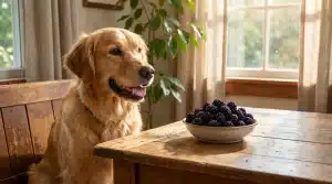 Golden retriever sitting by wooden table with bowl of blackberries in sunlit room