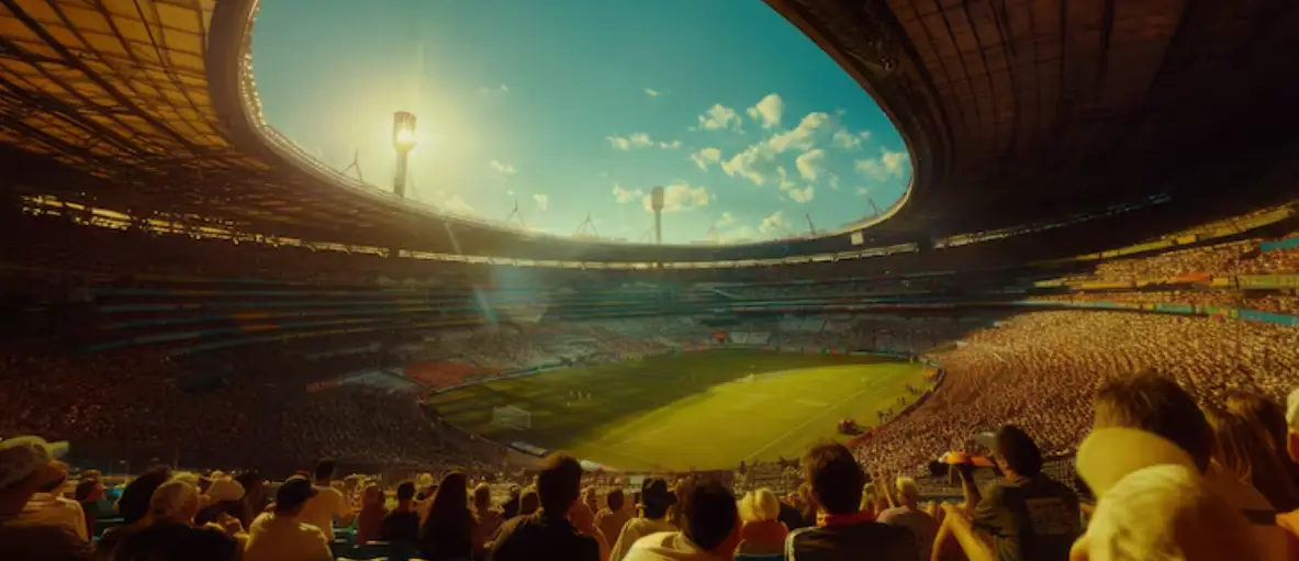 Stadium filled with spectators at sunset during a football match