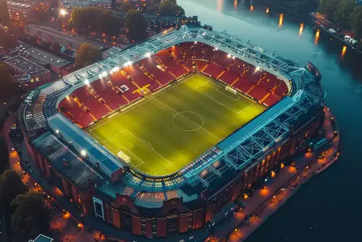 Illuminated football stadium at dusk with red seats and a green pitch by a river