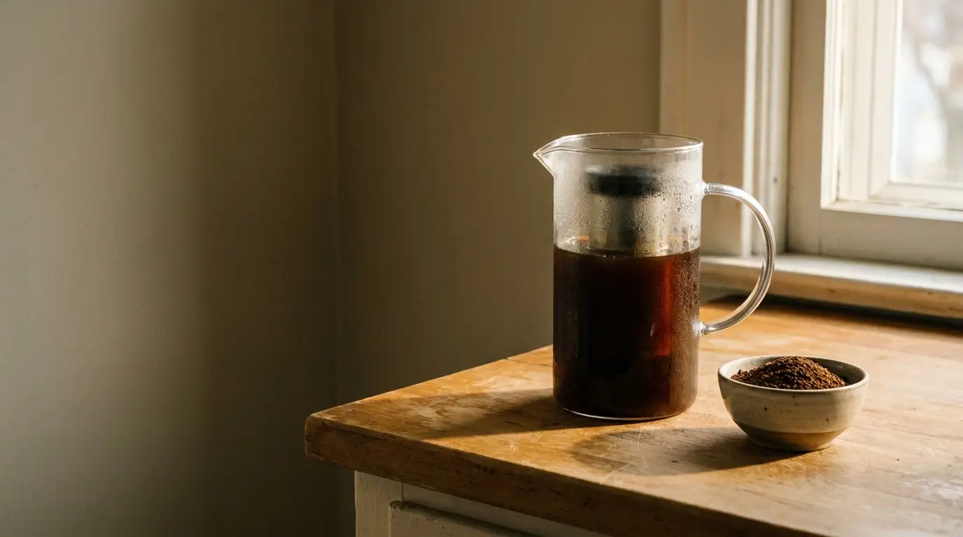 Glass carafe with dark coffee next to small bowl of grounds on wooden countertop
