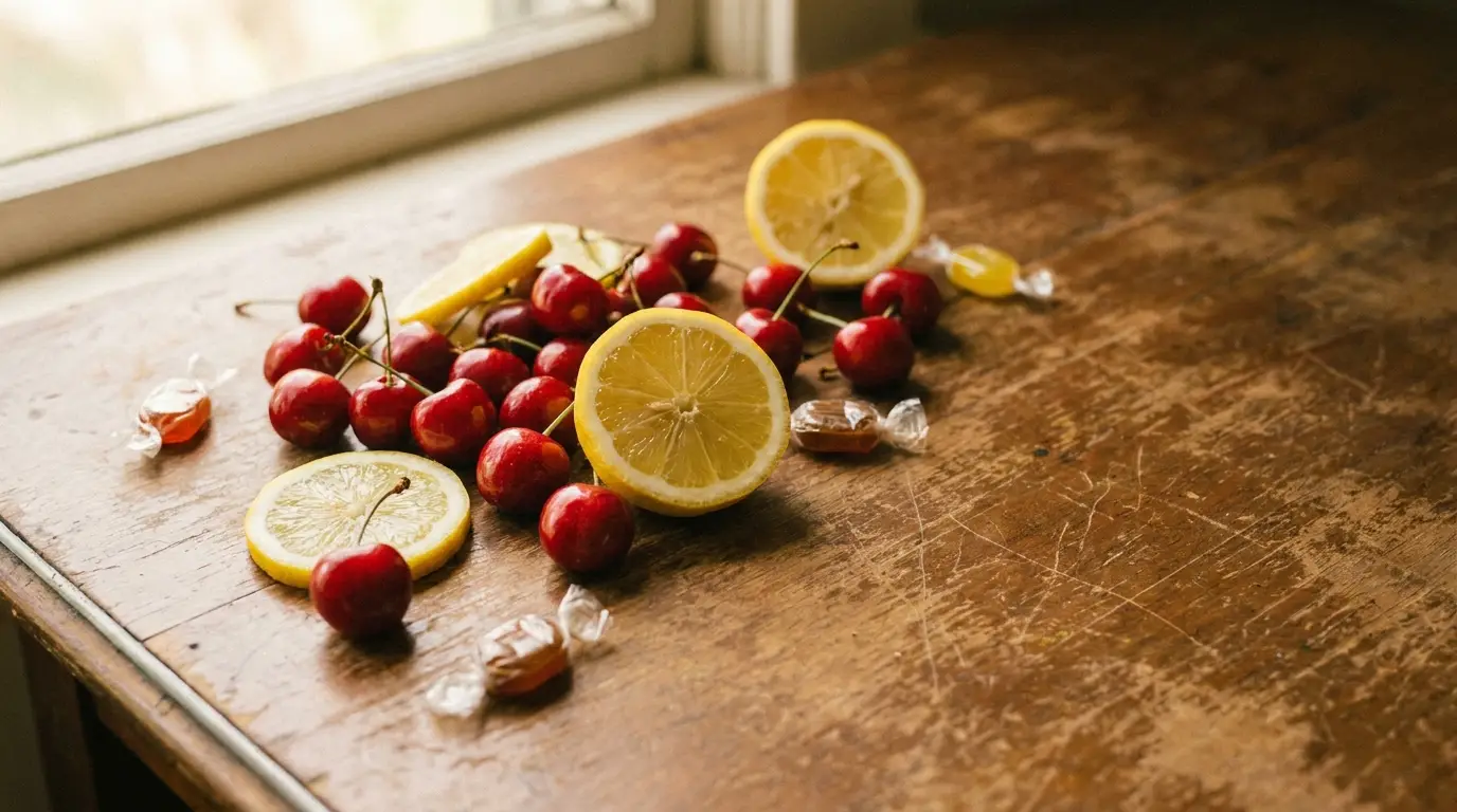 Cherries and lemon slices with candies on rustic wooden table near window