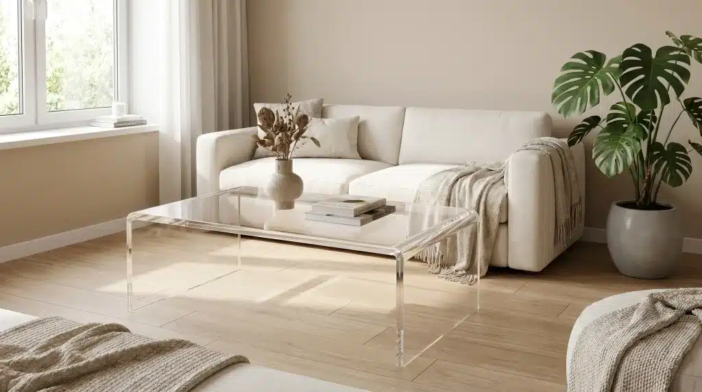 Beige living room with white sofa, glass coffee table, and large green plant in bright natural light