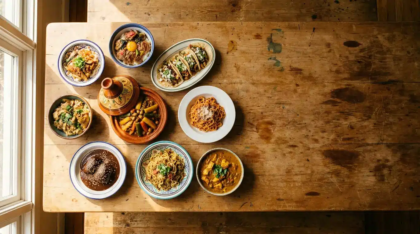 Assorted dishes arranged on rustic wooden table with natural light from window