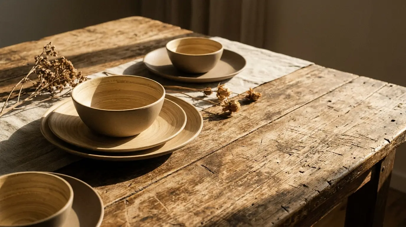 Rustic ceramic bowls and plates on wooden table with dried flowers in warm natural light