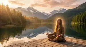 Woman meditating on wooden dock by mountain lake at sunset with warm sunlight streaming through trees
