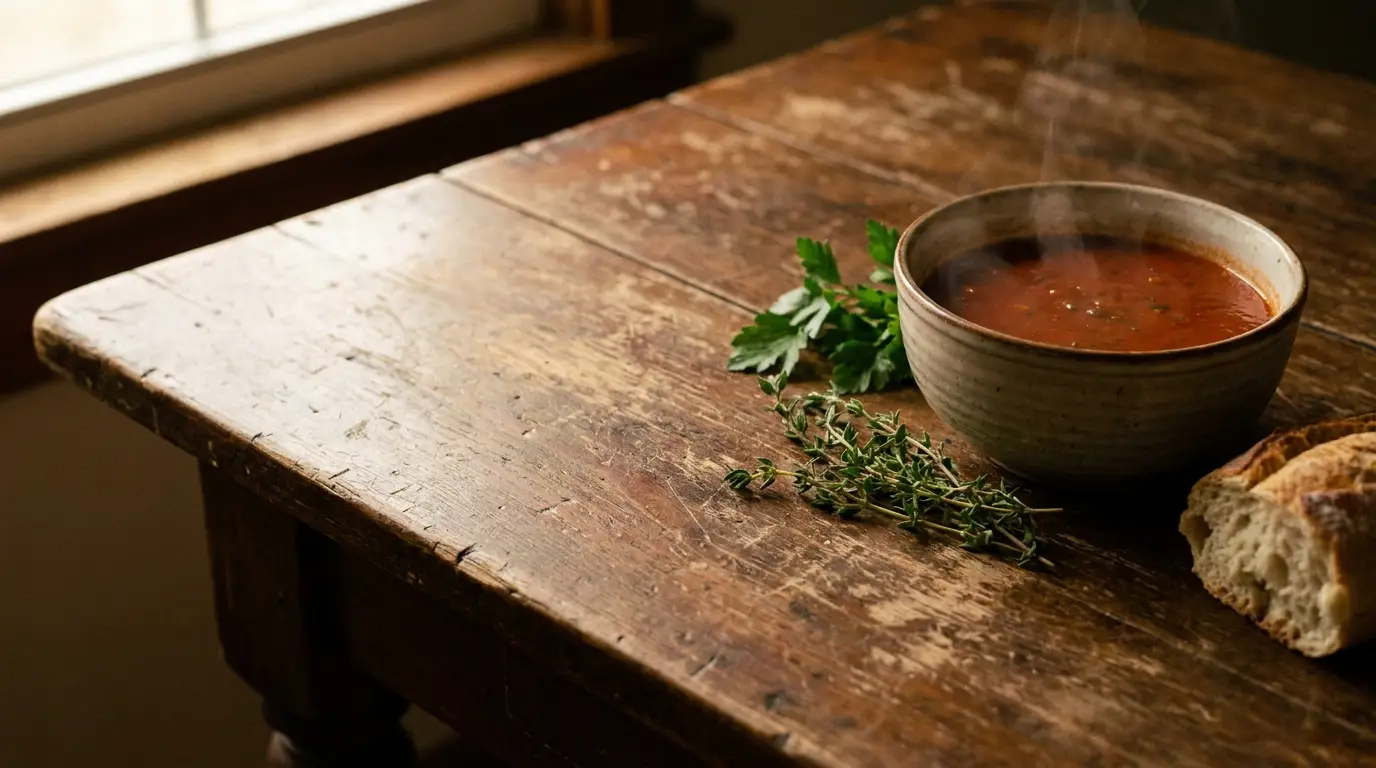 Steaming bowl of tomato soup with herbs and bread on rustic wooden table