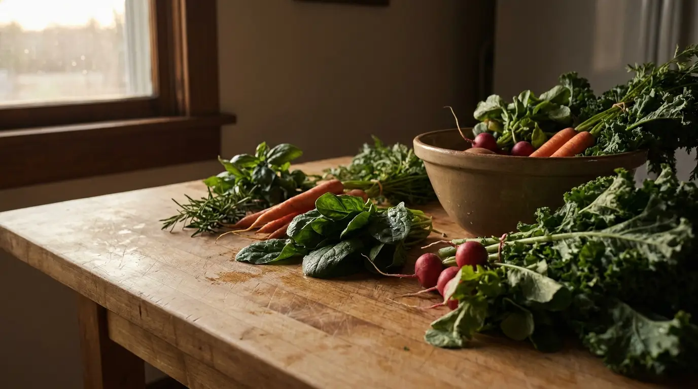 Fresh carrots and greens on wooden kitchen table in warm natural lighting