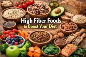 Assorted high-fiber foods including beans, nuts, whole grain bread, fruits, and vegetables on a wooden table