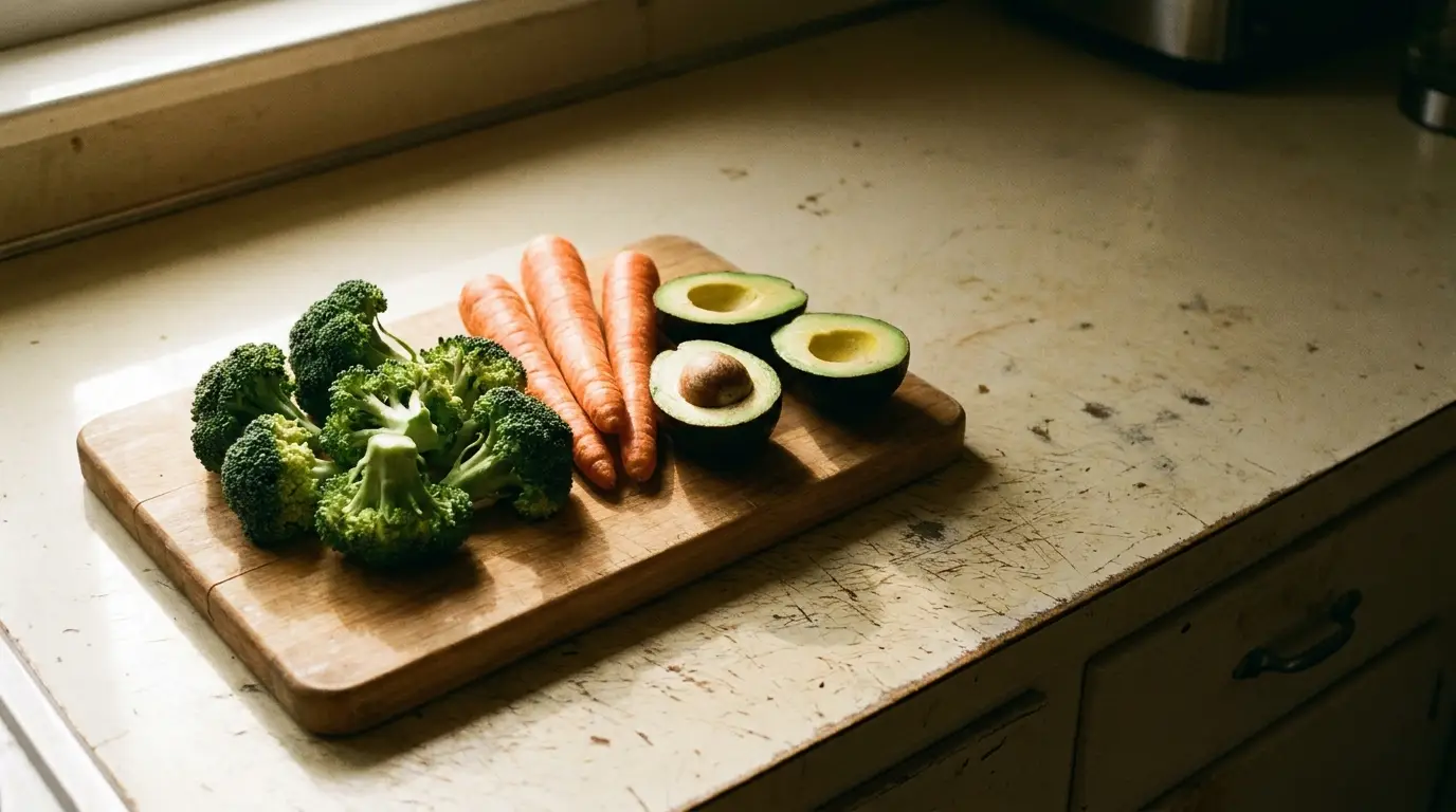 Broccoli, carrots, and avocado halves on wooden cutting board in rustic kitchen setting