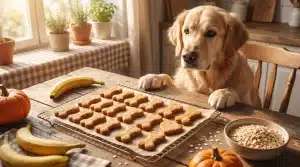 Golden retriever watching homemade dog treats on rustic kitchen table with bananas and oats