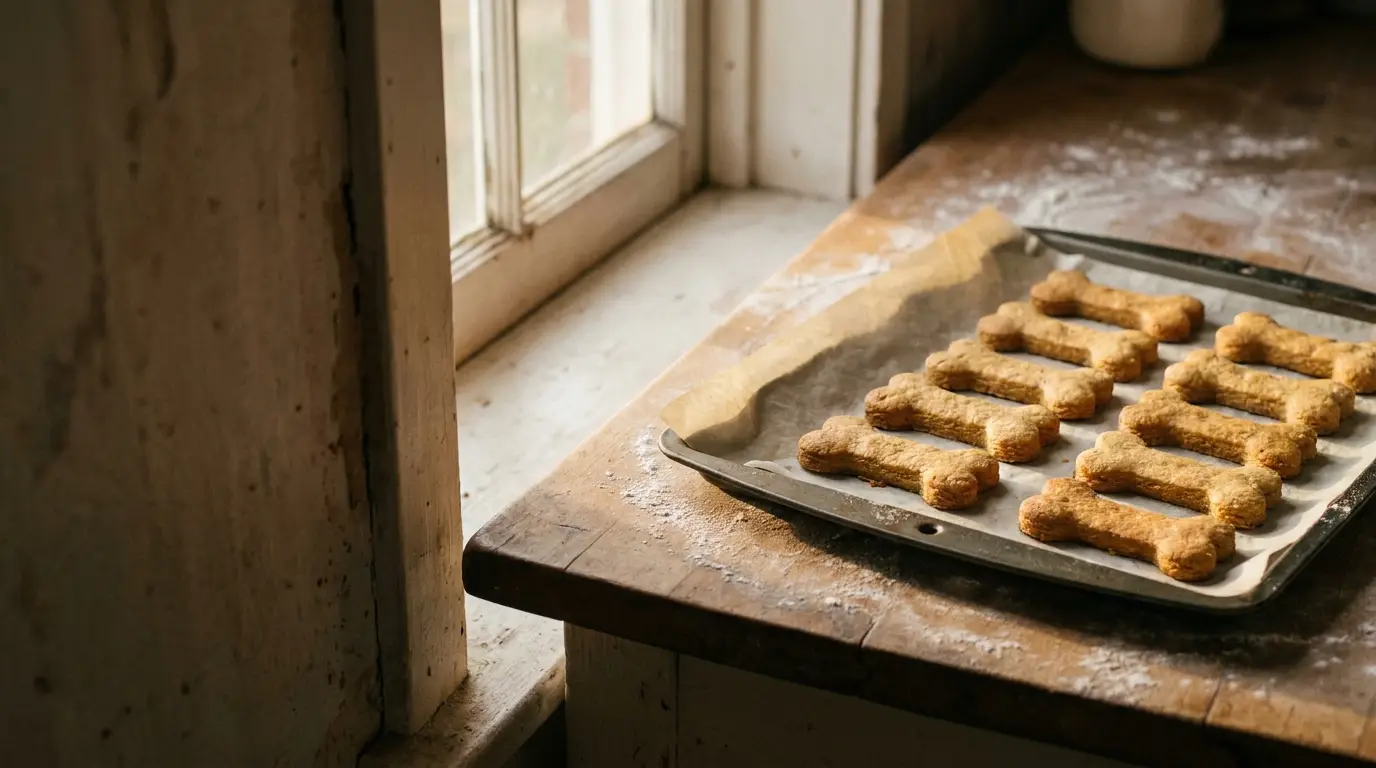 Dog bone-shaped biscuits on baking tray in rustic kitchen with natural light