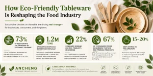 Eco-friendly wooden tableware and utensils with green leaves on a beige background