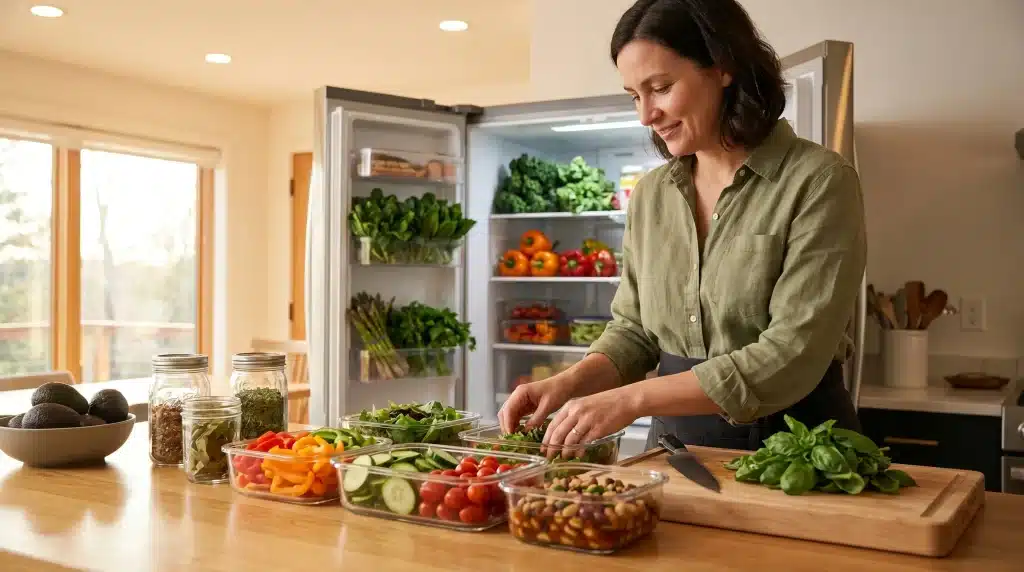 Woman preparing fresh vegetables in bright kitchen with open refrigerator and wooden counter