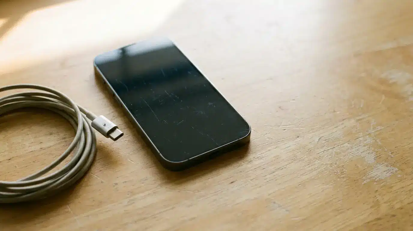 Smartphone with a scratched screen and charging cable on a wooden table