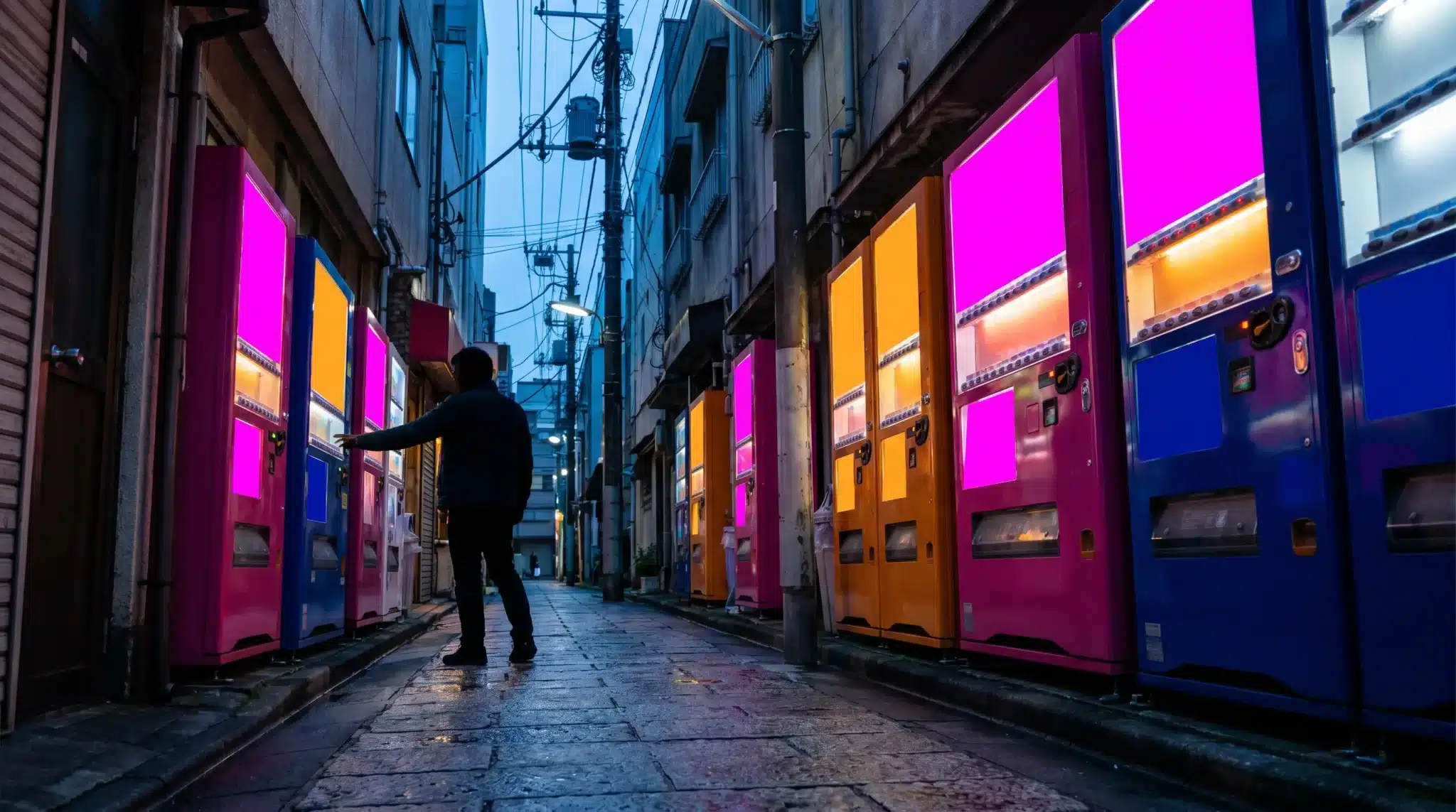 Man using colorful vending machine in narrow alley during twilight