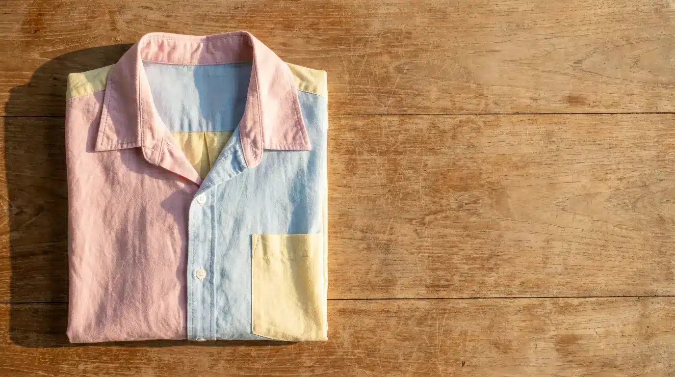 Pastel color-blocked shirt neatly folded on wooden surface in warm sunlight