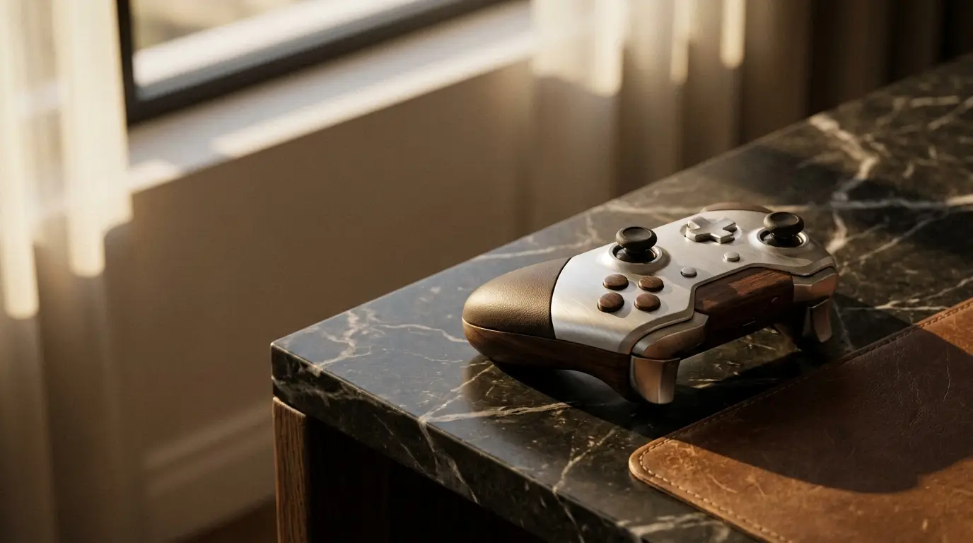 Game controller on a marble desktop with warm lighting in an office setting