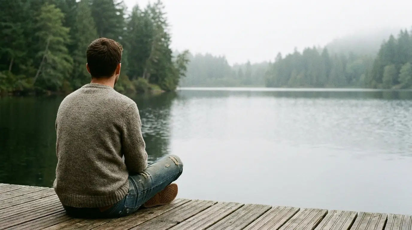 Person sitting on wooden dock overlooking misty lake surrounded by pine trees