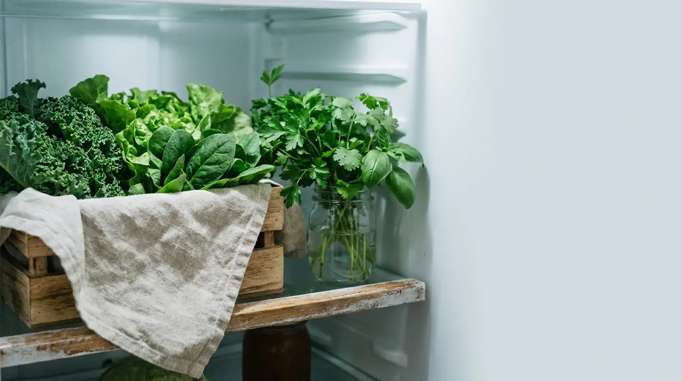 Wooden crate of leafy greens and herbs in refrigerator with light linen cloth
