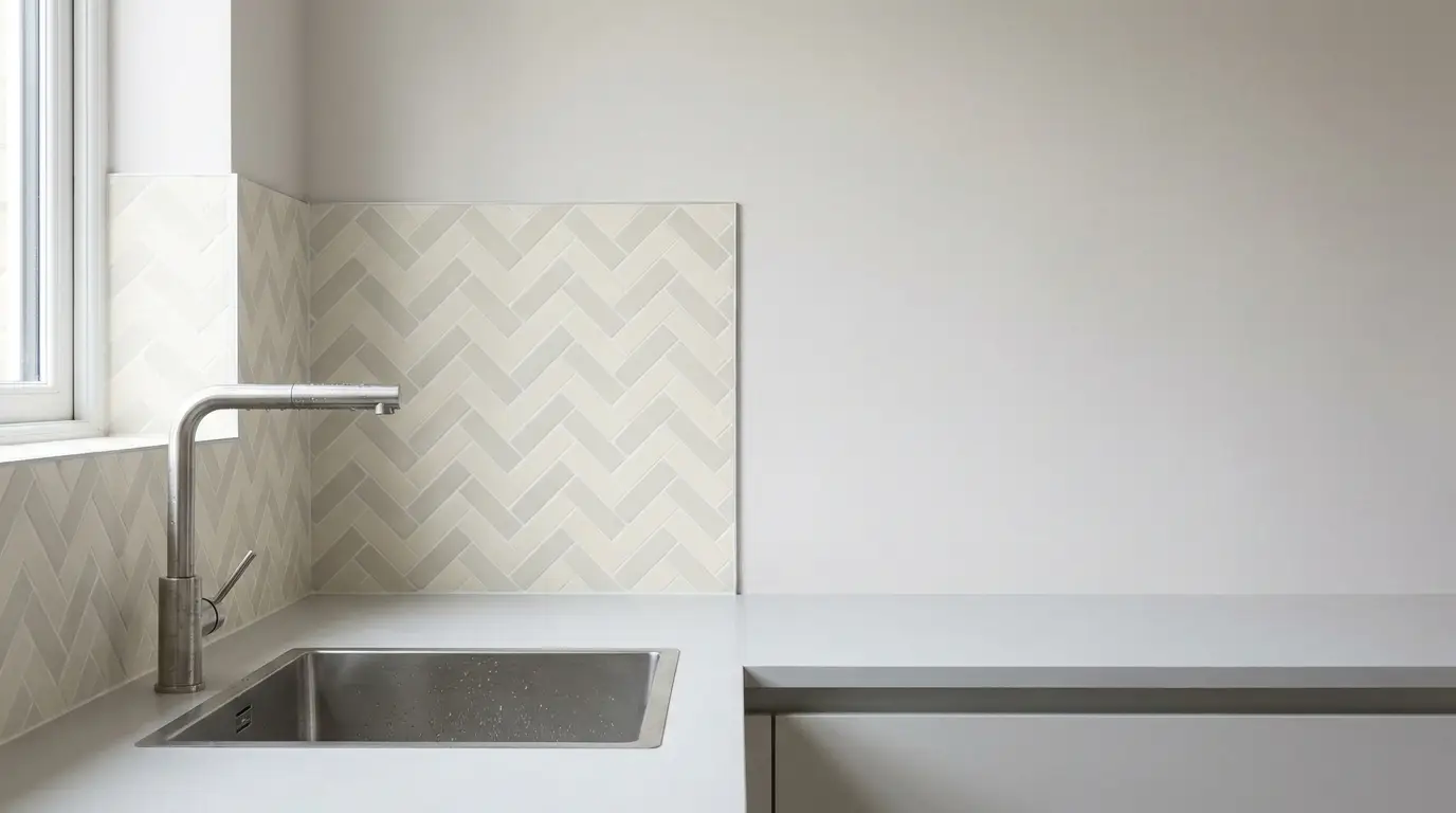 Minimalist kitchen with stainless steel sink, sleek faucet, and herringbone tiled backsplash