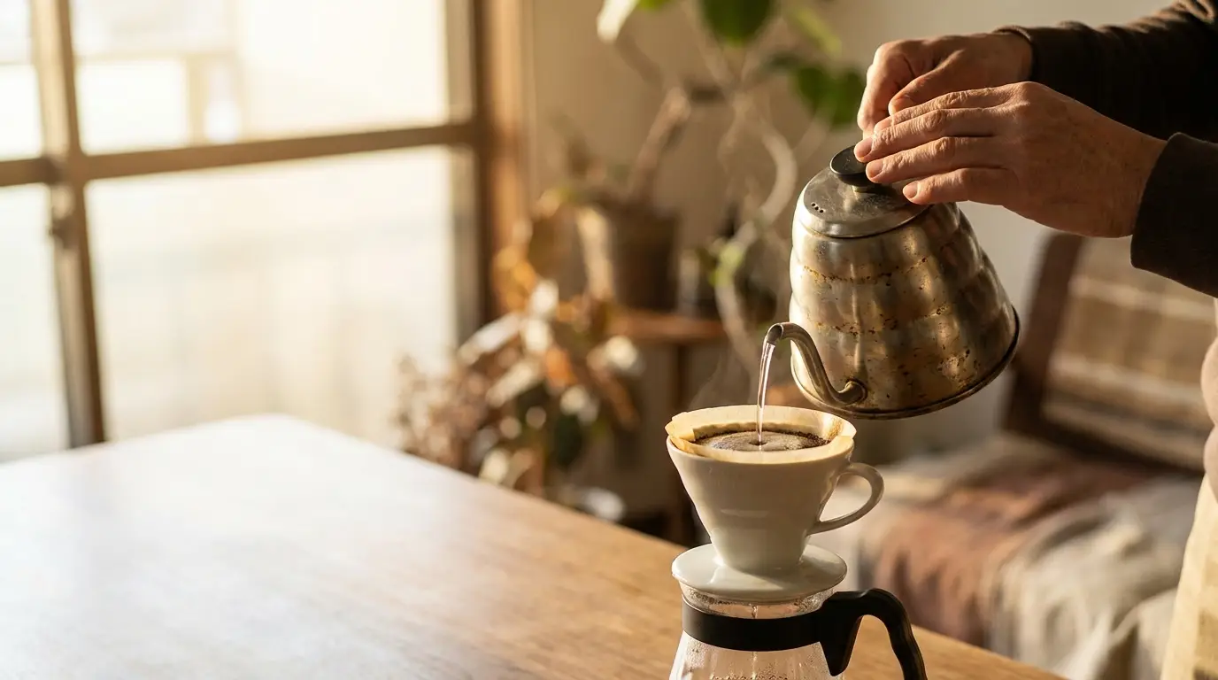 Pouring hot water over coffee dripper in sunlit kitchen with plants