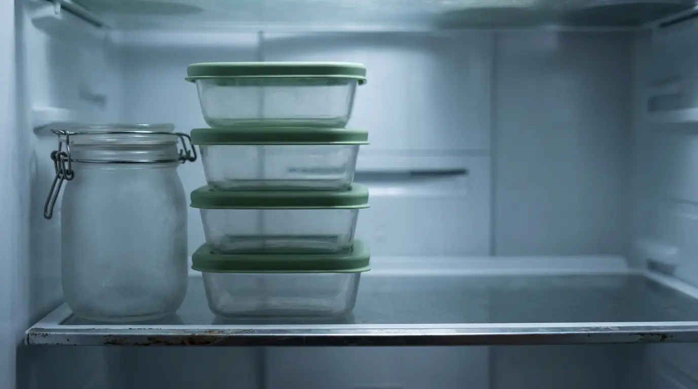 Stacked glass containers with green lids next to a jar inside a refrigerator