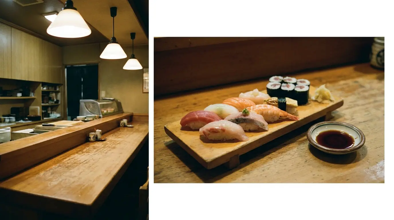 Sushi assortment on wooden platter with soy sauce in cozy Japanese restaurant setting
