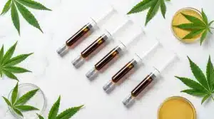 Cannabis leaves and oil-filled syringes arranged on white marble surface