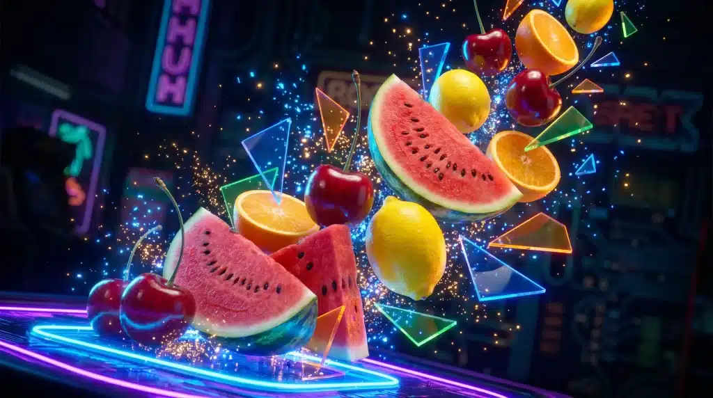 Slices of watermelon, cherries, lemon, and orange floating amid neon lights and sparkles in a futuristic setting