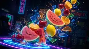 Slices of watermelon, cherries, lemon, and orange floating amid neon lights and sparkles in a futuristic setting