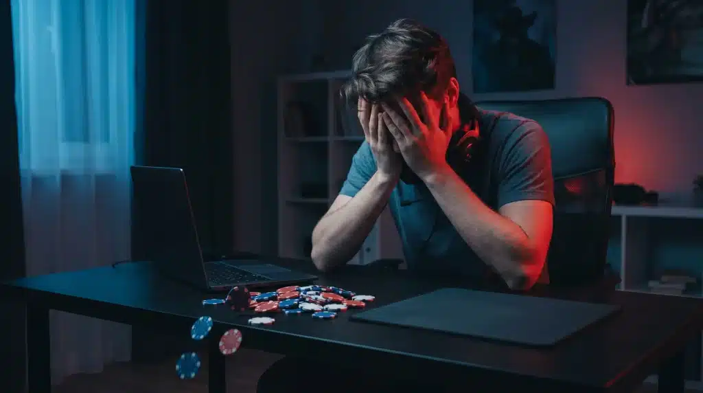 Man with head in hands at desk with poker chips and laptop in dimly lit room