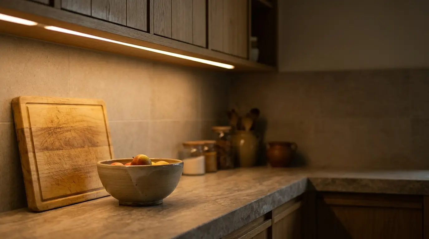 Bowl of apples on stone countertop in warmly lit kitchen with wooden cabinets